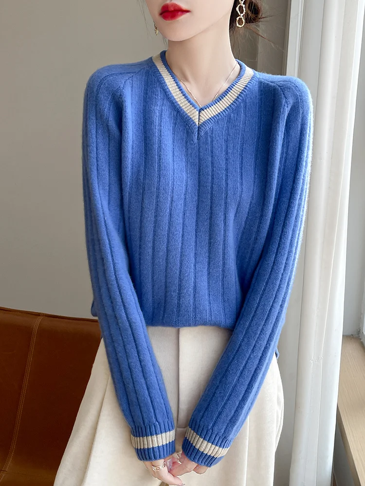 New Fashion Autumn Winter Woman Sweater Elegant 100% Merino Wool Knitwear V-Neck Striped Pullover Lady Long Sleeve Clothing Tops