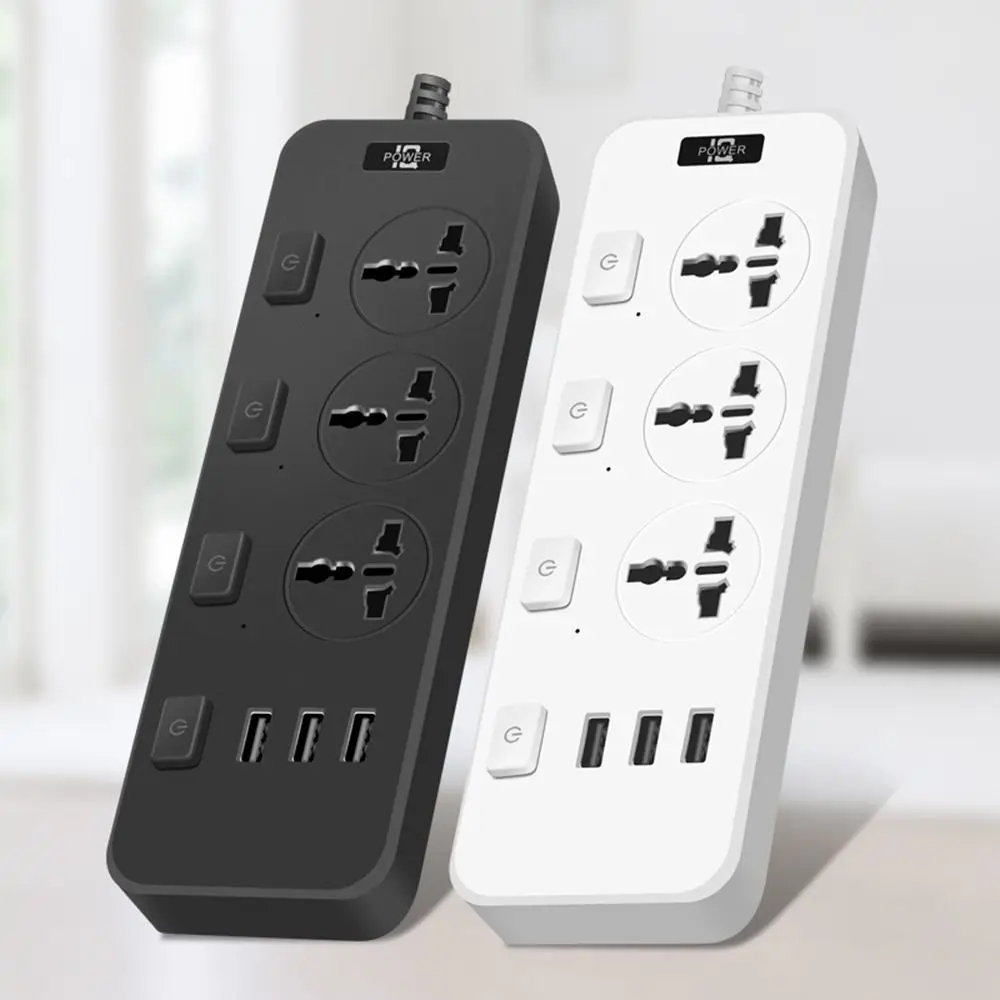 Universal Electric Plug Socket US UK EU Plug 2500W Flat Outlet Extender Cord Independent switch control 3 USB Ports