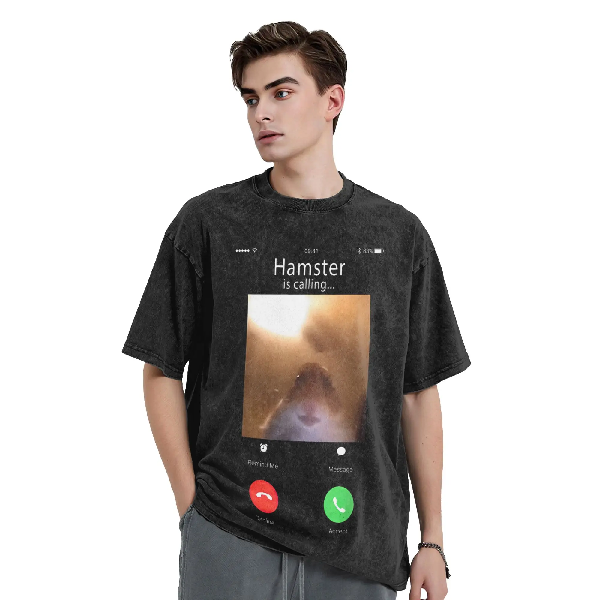 dank meme hamster staring front camera hamster calling T Shirts Washed Cotton Harajuku T-Shirt  Novelty Streetwear Printed Tees