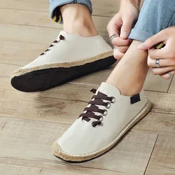 Canvas Shoes Men Flat Casual Footwear Breathable Hemp Lazy Shoes Cool Young Man Shoes Cloth Footwear Black Blue Plus Size KA1494