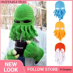 Y2K Novelty Handmade Funny Octopus Beard Hat Unisex Animal Crocheted Tentacle Knit Wind Mask Ski Cap Halloween Balaclava Hats