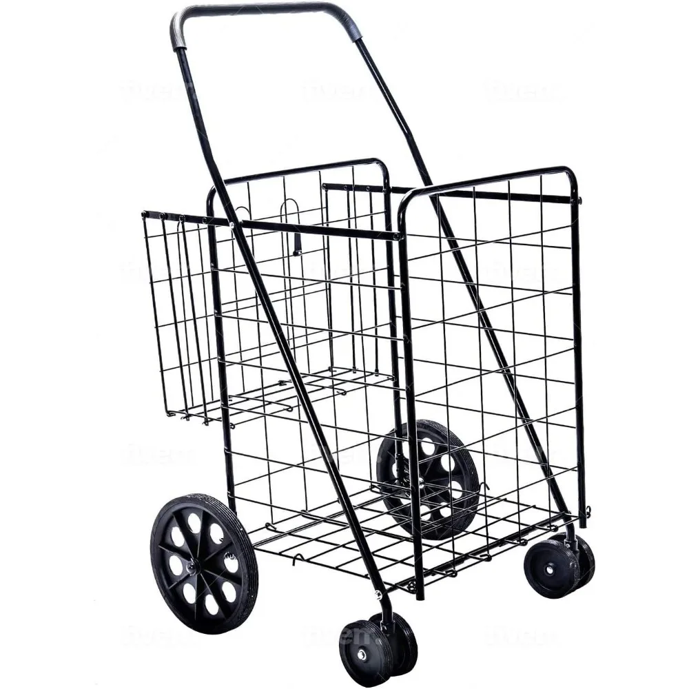 LS Jumbo Deluxe Foldable Utility Shopping Cart with Dual Swivel Wheels and Double Basket- 200 lb Capacity