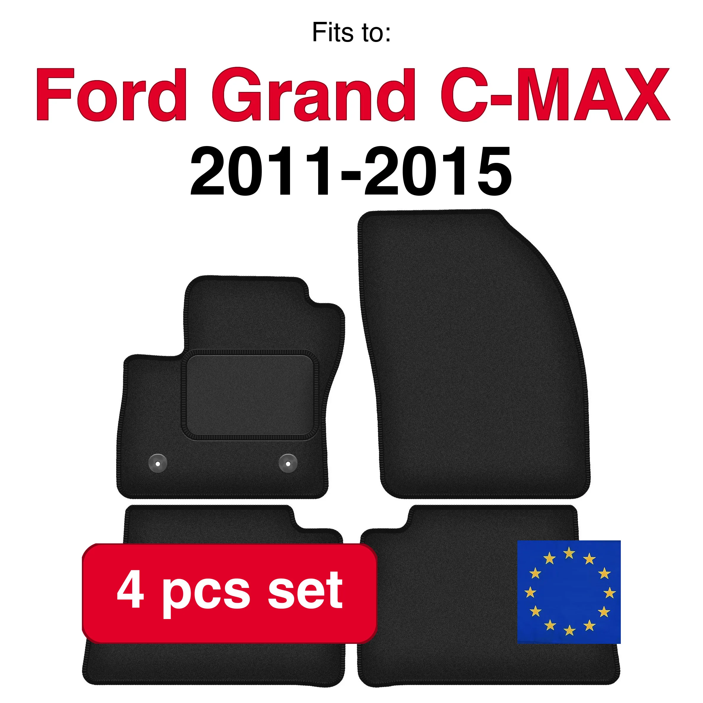 Image of Auto-Velourmatten für Ford Grand C-MAX Minivan (2011-2015) – Schwarz (4 Stück), passgenaues Autofußmatten-Set