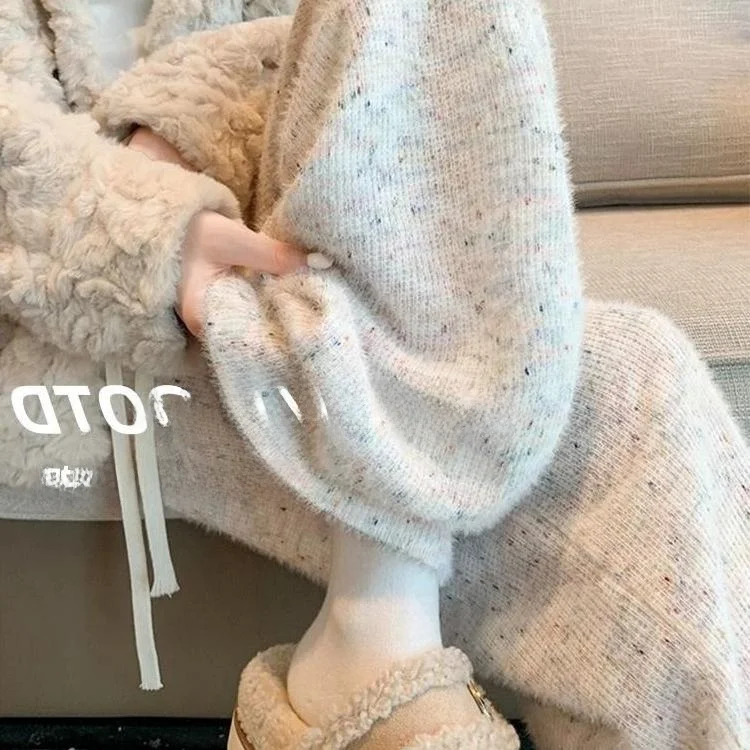 

plus Size Soft Cozy Knitted Fce Wide Leg Pants Women's Autumn Winter High Waist Straight Cut Trousers Comfortable Casual P...