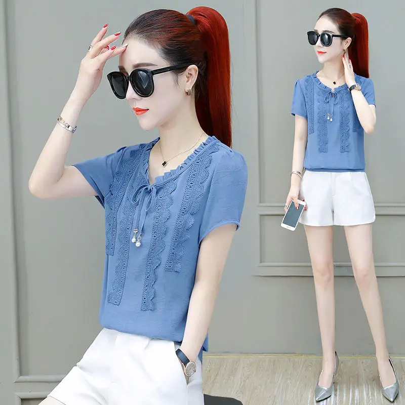 Elegant O-Neck Spliced Bow Ruffles Shirring Lace Blouse Women\'s Clothing 2023 Summer New Oversized Casual Pullovers Sweet Shirt