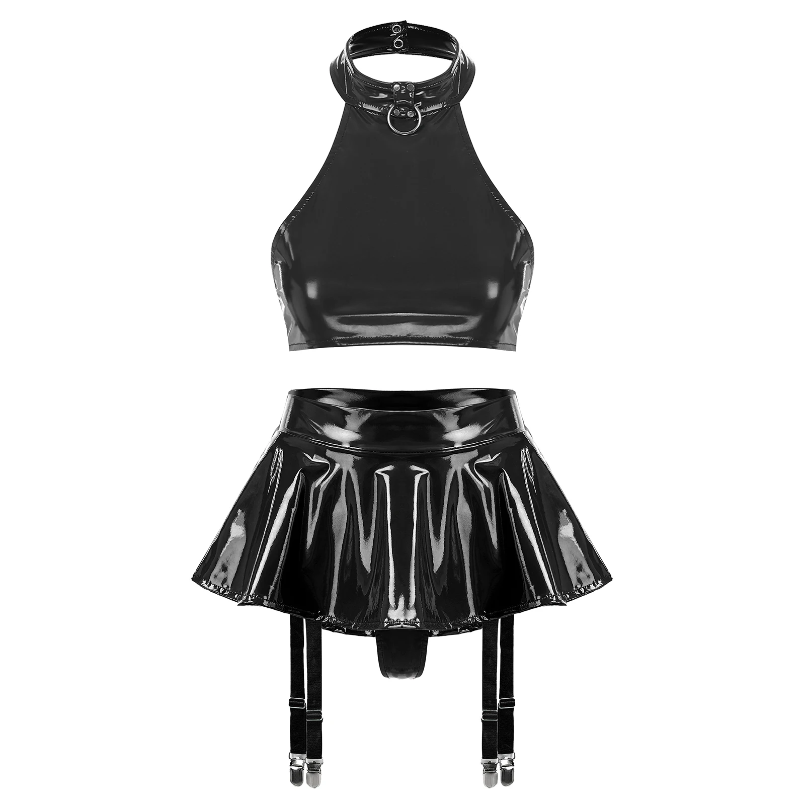 Womens Sexy Lingerie Patent Leather O Ring Halter Crop Top with Ruffle Miniskirt Garter Belts Rave Party Pole Dancing Clubwear