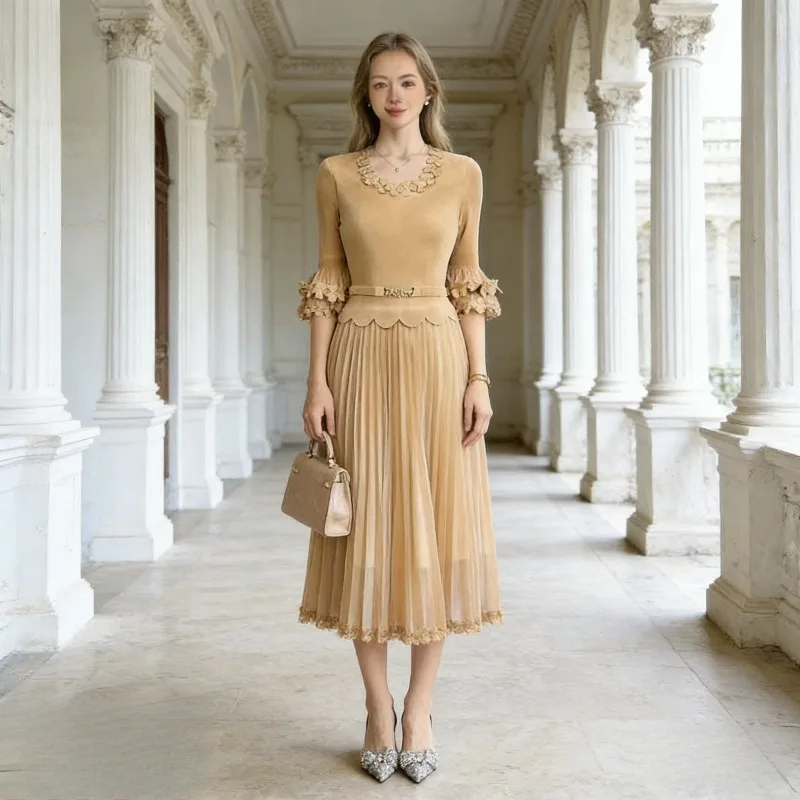 

Плиссированное однотонное кружевное платье Miyake, коллекция Весна/Лето 2026, новинка, элегантное повседневное длинное платье, приталенное, с плиссировкой