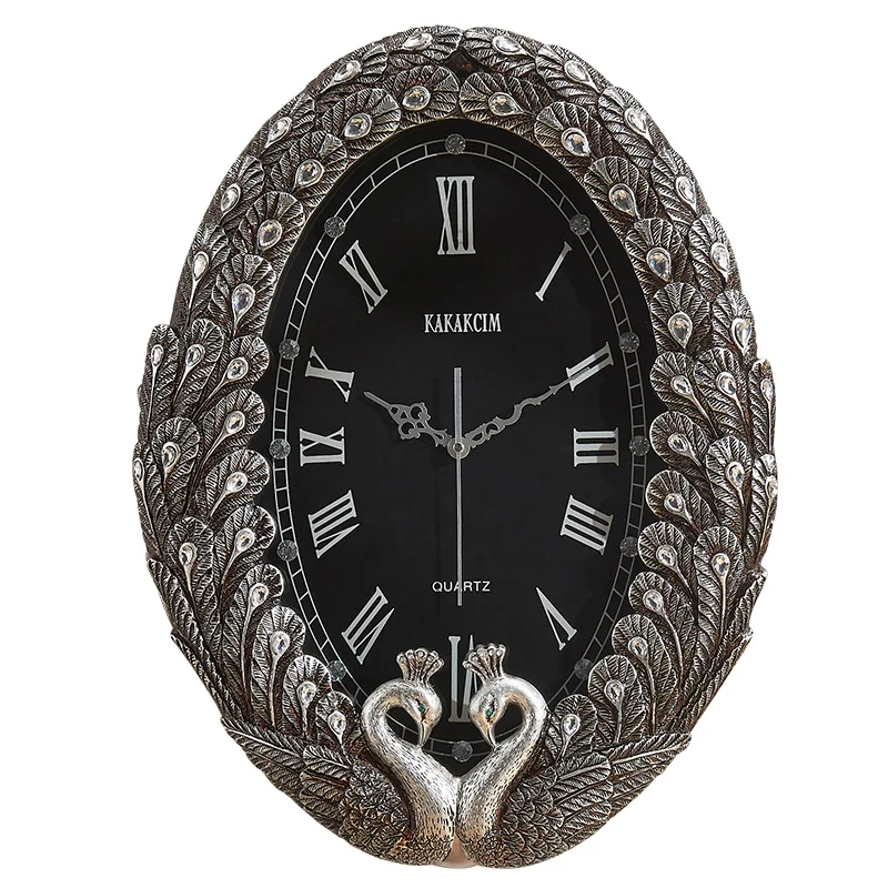 

Nordic background wall clock Home living room retro wall Creative double peacock wall clock High-grade diamond-encrusted quartz