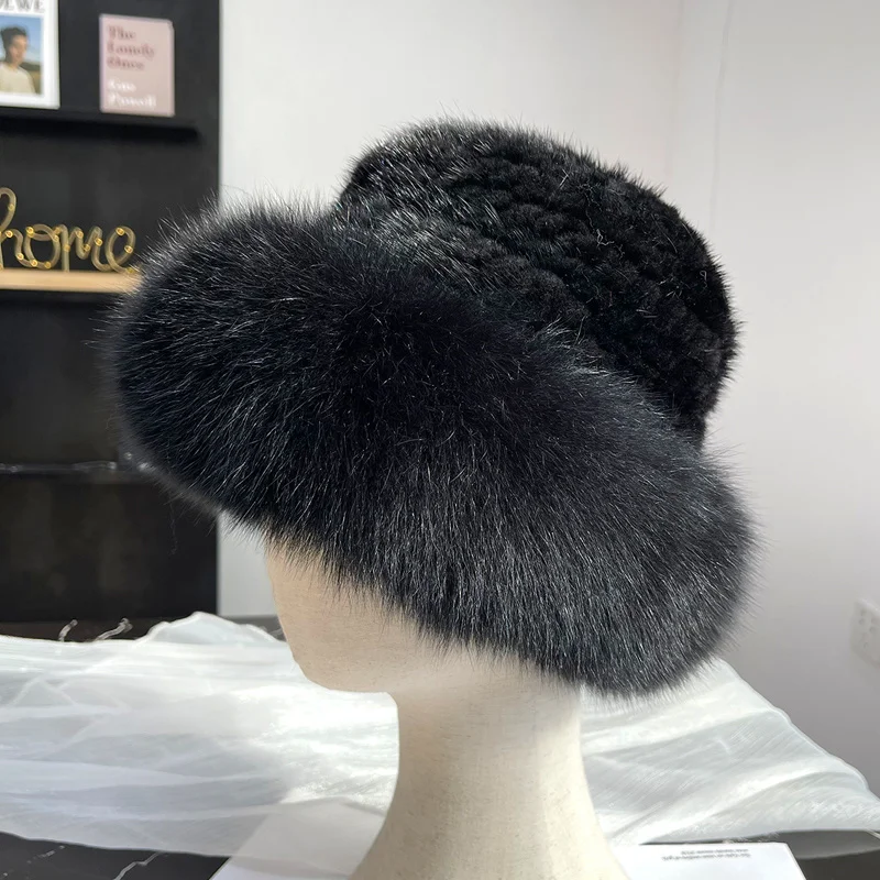 New Women Winter Bomber Hat Natural Mink Fur With Fox Fur Hat Girls Quality Soft 100% Genuine Mink Fur Hats Vertical Woven Top