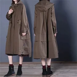 Vintage 2024 Spring Autumn New Solid Hooded Loose Slim Cotton Windbreaker Trendy British Style Coat Women Long Outcoat Female