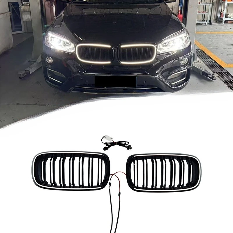 

For BMW X5 F15 2014-2018 Double Line Glow Black LED Front Grille PC Material Direct Fit Replacement Exterior Styling Upgrade