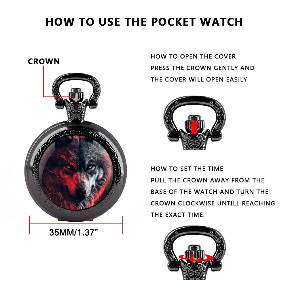 Dark Wolf Design Quartz Pocket Watch, Cúpula de vidro, colar pingente relógio para homens e mulheres, presentes delicados