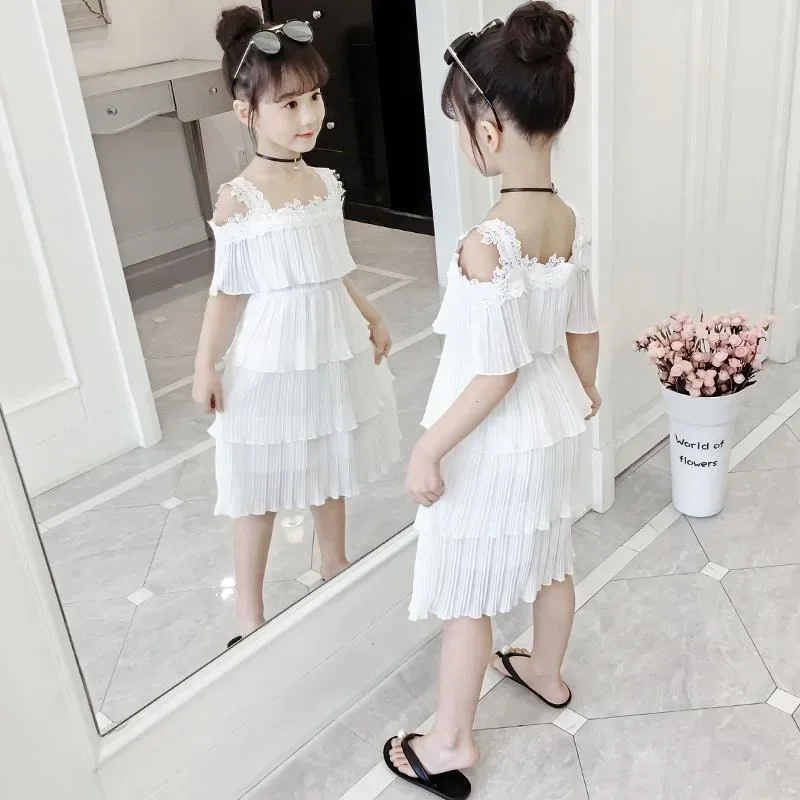 2024 Summer Girls Clothes chiffon Strapless Sling Dress lace teenager Fashion Leyered Dress 4 5 6 7 8 9 10 11 12 13 14 years