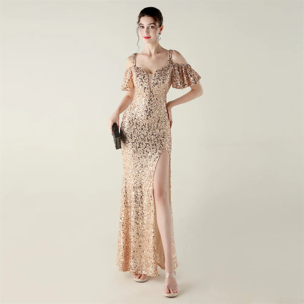 Sexy Elegant Blue Summer Women Sequin Cocktail Prom Evening Dresses Off Shoulder Maxi Bodycon High Slit Sexy Slit Fishtail Dress