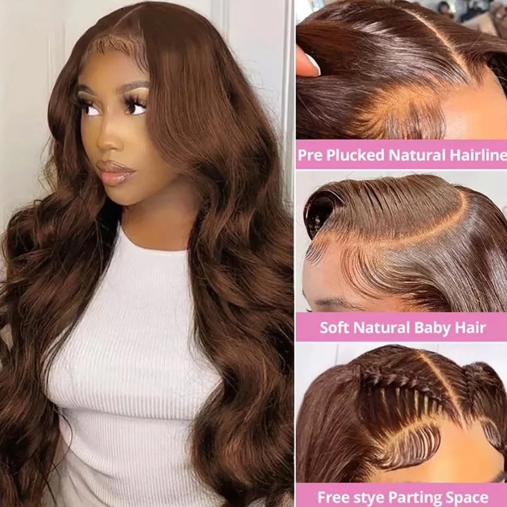 200% الكثافة 13x4 13x6 شعر الإنسان HD الدانتيل الشفاف الباروكة الأمامية # 4 باروكة شعر برازيلي مموجة مسبقًا من الشوكولاتة