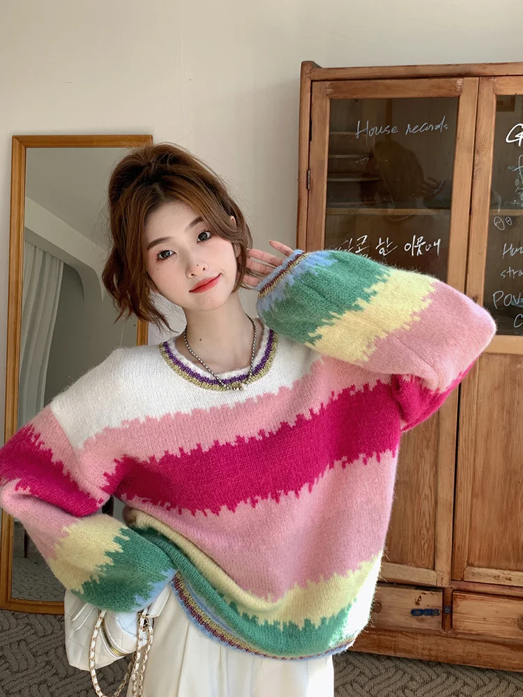 2024 Y2k Aesthetic Autumn Rainbow Striped Long Sleeve Sweater Women Korean Fashion Pullover Female Casual Loose All Match Jumper