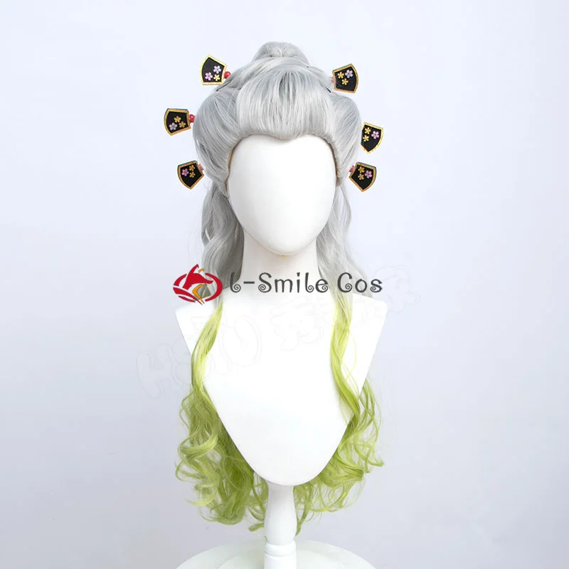 Anime Women Daki Cosplay Wig Silver Gradient Green Cruly Ponytail Daki Wigs Heat Resistant Synthetic Hair Party Wigs + Wig Cap