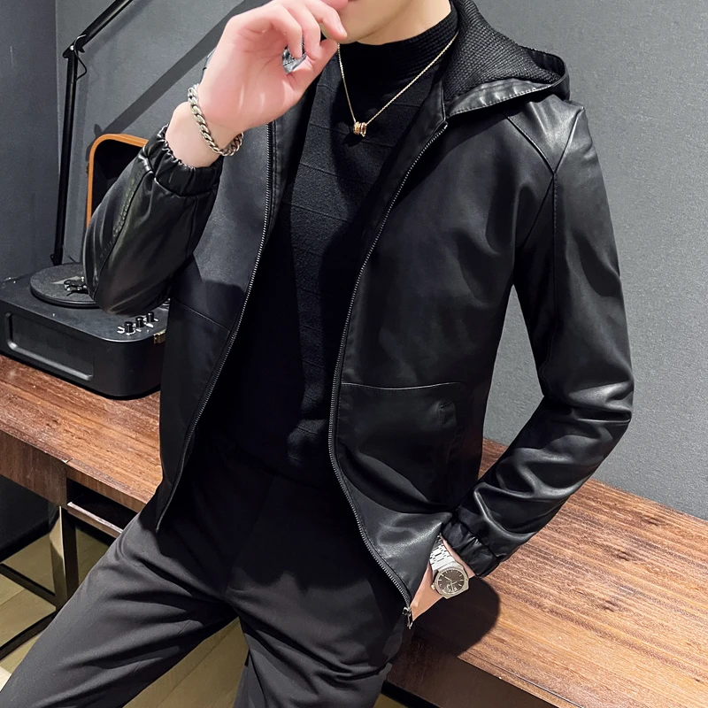 2023 Hip Hop Men Hooded Leather Jacket Plus Size 5XL Slim Fit Black Motorcycle Leather Coats Autumn Korean Mens Biker Clothing