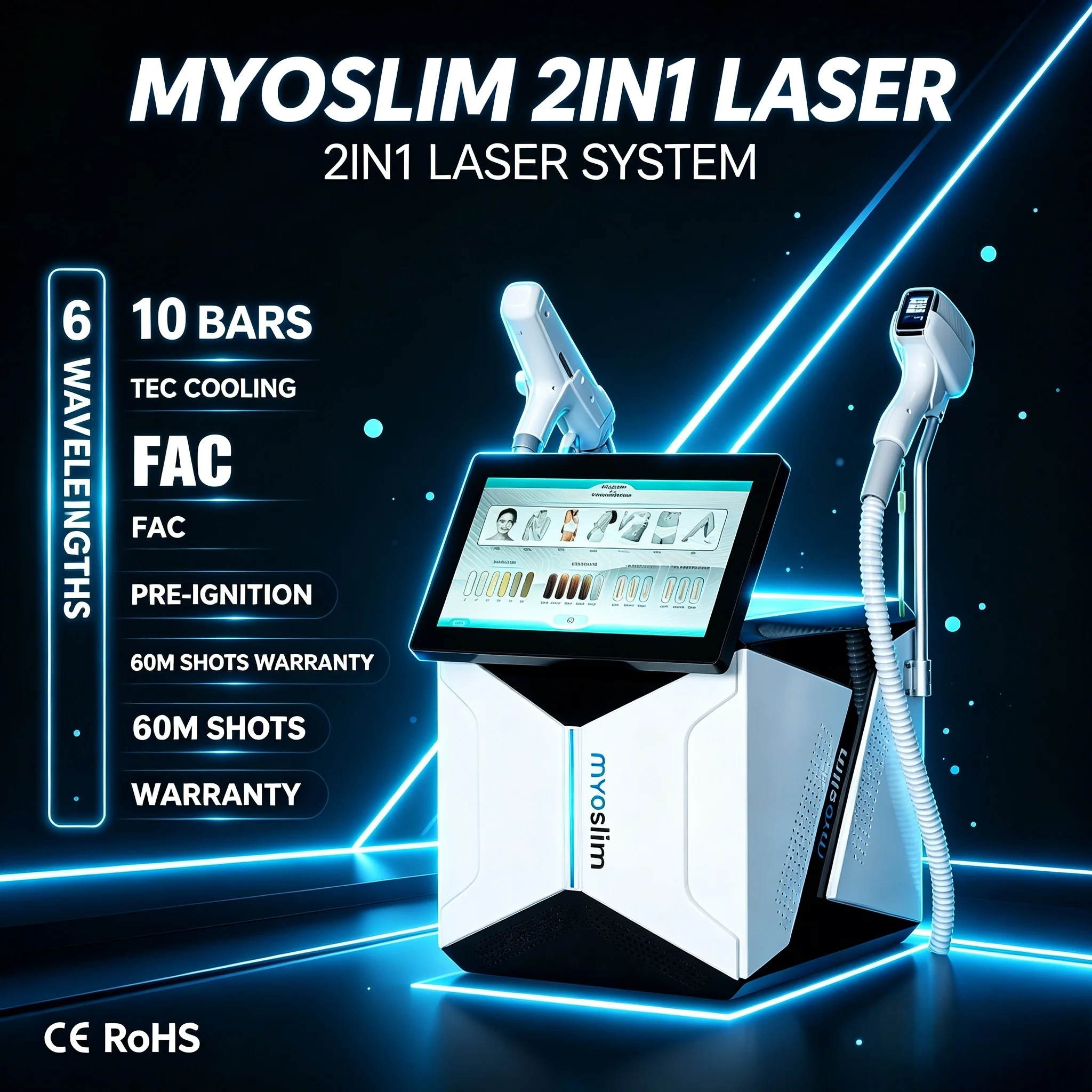 Professional-grade Soprano 2-in-1 6000W semiconductor laser system, integrating hair removal, tattoo removal, and an ice-cooling
