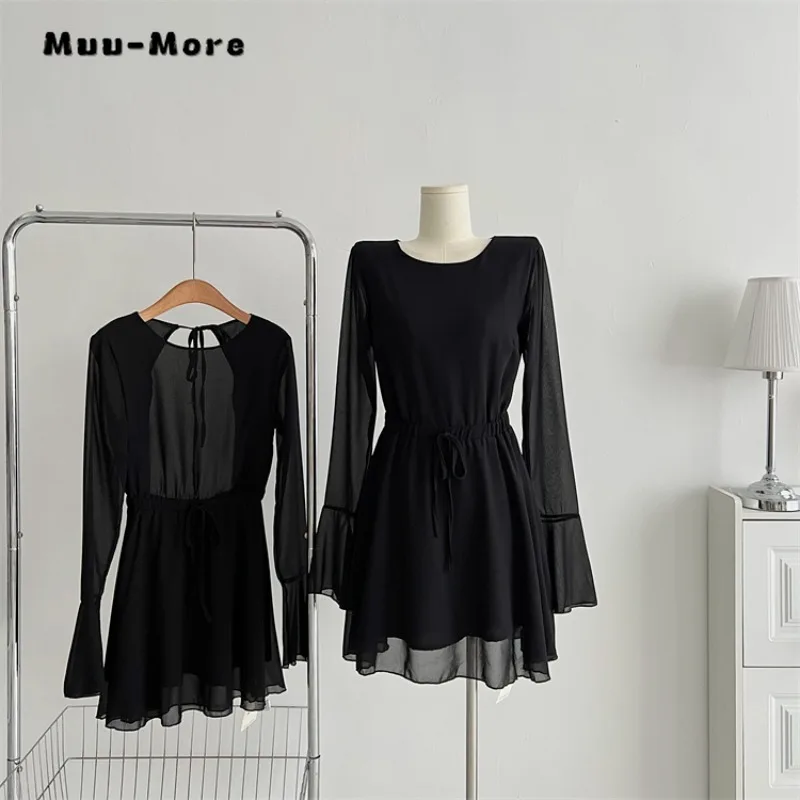 

Vintage Sweet Long Sleeve Solid Color Slim Fit Midi Dresses 2023 Autumn Winter Women Elegant Casual O-neck Chiffon Black Dress