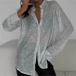 Talenza Camicia da donna con risvolto con paillettes Casual Glitter Manica lunga allentata 2024 Camicia nera da donna trasparente sexy retrò Streetwear