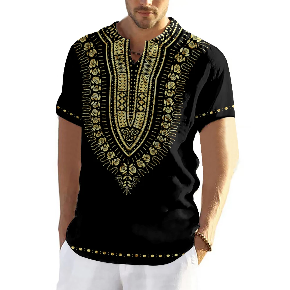 Fashion V-neck Traditional Men\'s Tshirts Short Sleeve Dashiki 3D Print Men T shirt Oversized Culture African Men\'s Clothing