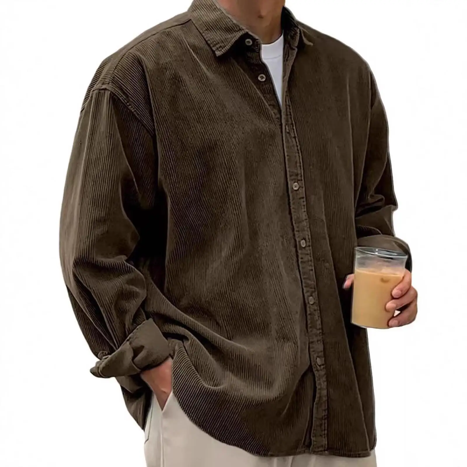 

Men's Corduroy Lapel Shirt Long Sleeve Color Non-Shrinking Ordinary Thickness Summer Fashion Simple Style Inner Wear