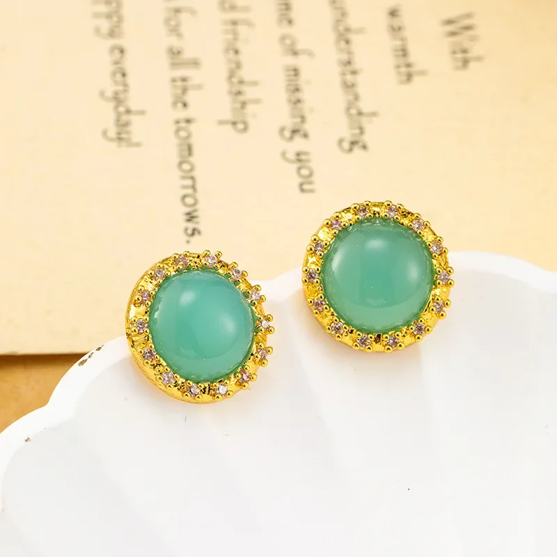 Original Qingdao Jewelry Ancient Style Earrings Women's Green Jade Core Natural Zirconia Stone Earrings High-End Feel National S