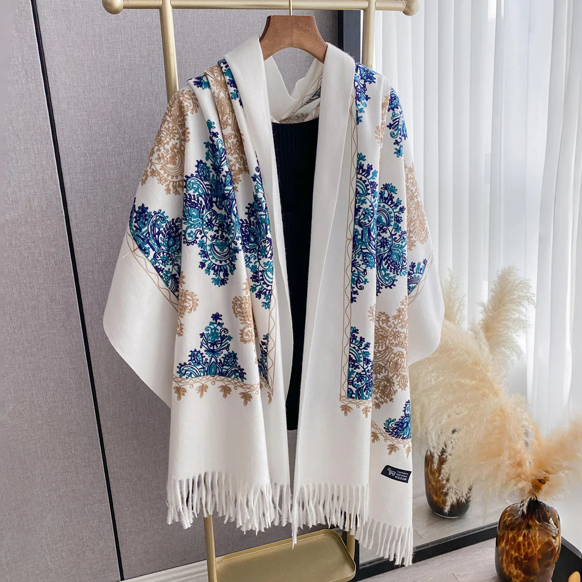

Autumn and winter imitation cashmere embroidered fringed scarf women's flower pattern thickened shawl ethnic style scarf