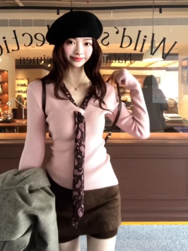Fashion Korean High Street Basic Long Sleeve T Shirts Y2k V Neck Slim Knitted Sweet Casual Tops Harajuku Punk Lazy Clothes