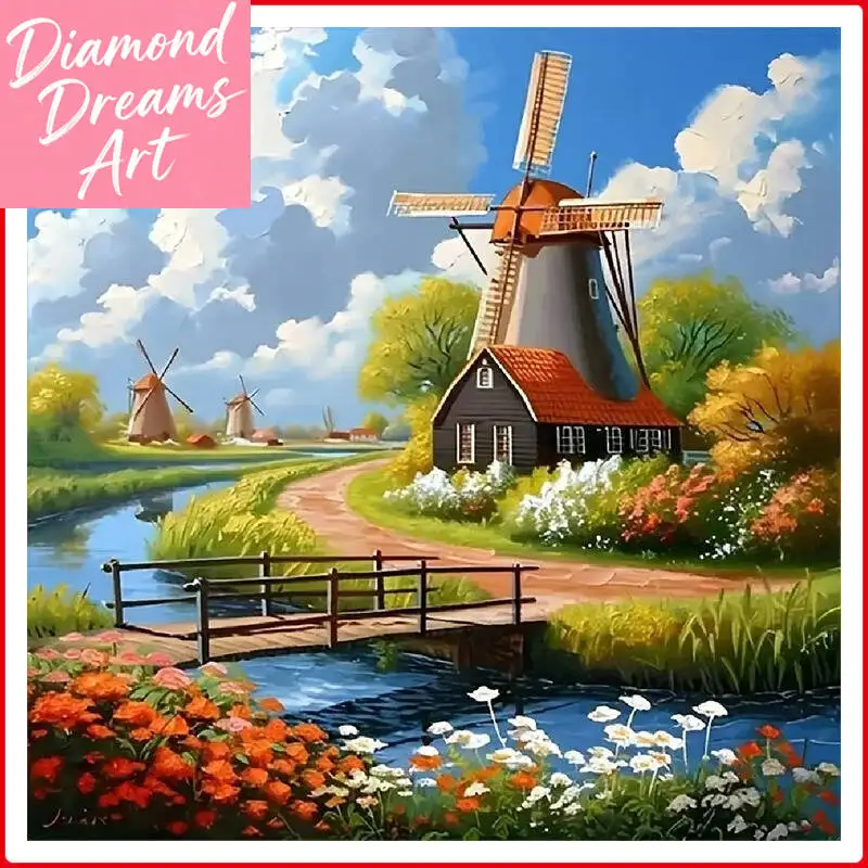 

Frameless, Square Round Drill 5D Diamond Painting Countryside Windmill Landscape Diy Embroidery Home Decor