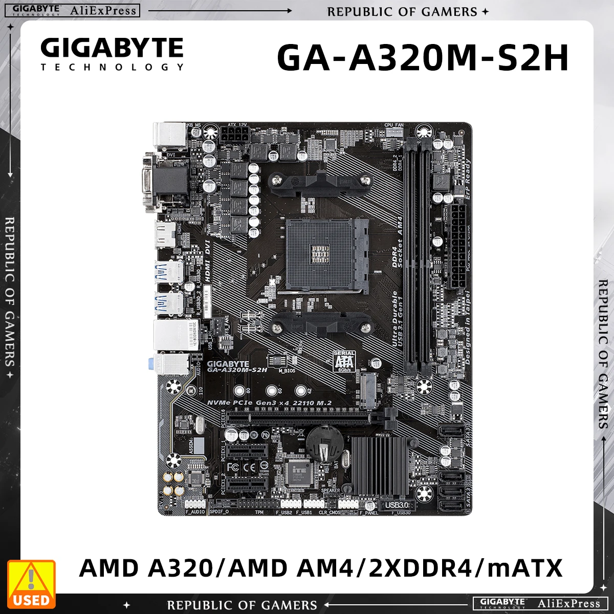 

GIGABYTE Motherboard, GA-A320M-S2H, A320 Chipset, AM4 Socket for Ryzen 1st 2nd Gen CPU, 1300x 2300x 1500x 1600x 1700x 2700x 2700