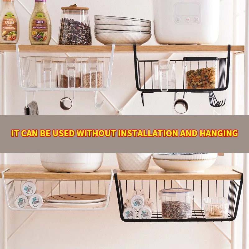 1pc White/Black Hanging Net Basket Iron Material Large Capacity Hanging Under Cabinet Wall Wardrobe Storage Basket Kitchen Tools