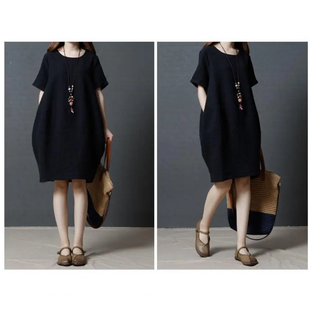 

Women Solid Color A-line Dress Stylish O Neck Knee Length Summer Dress with Side Pockets Comfy Midi Dress for Women A-line Midi