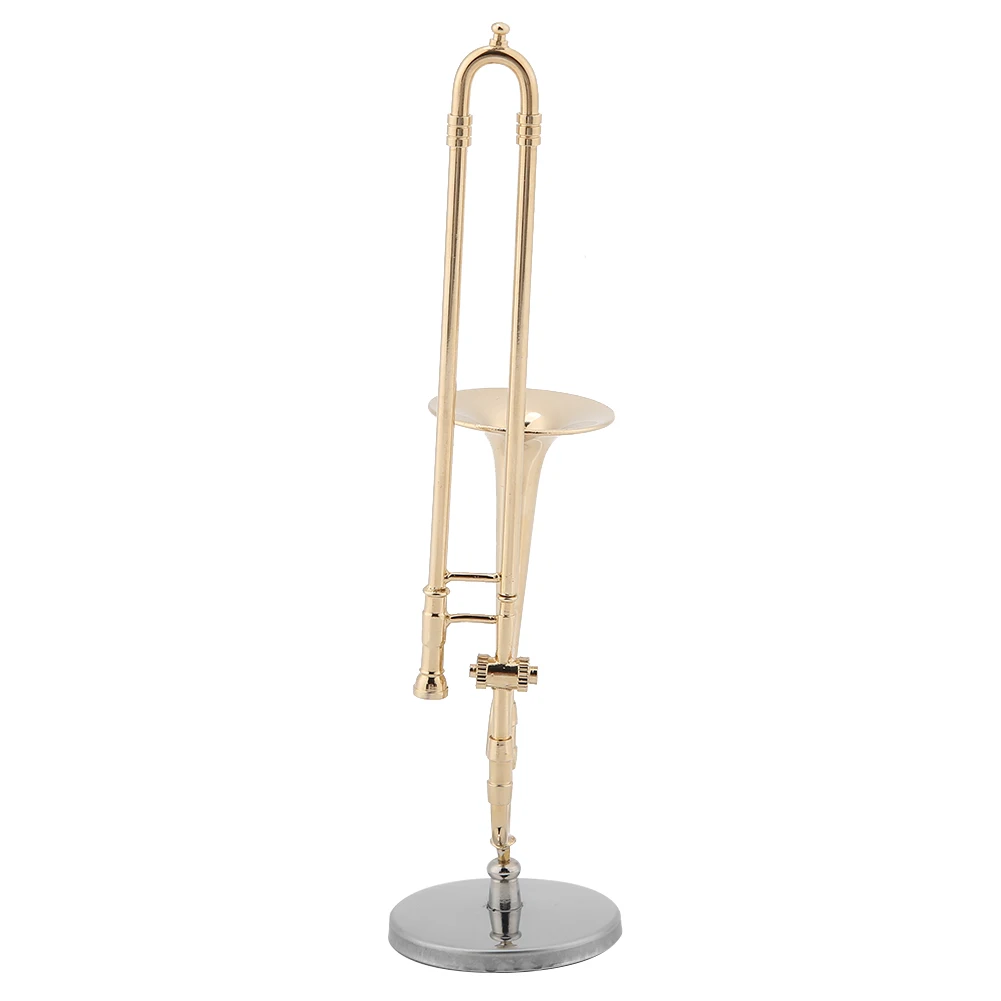 Miniature Trombone Trumpet Replica With Stand And Case Gold Plated Mini Instrument Model Musical Ornaments