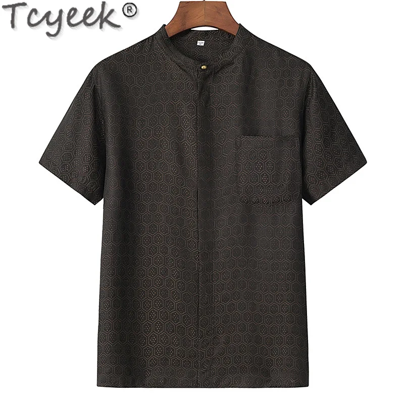 

Tcyeek 35% Mulberry Silk Shirt Men Clothes Summer Short Sleeve Top High-end Mens Shirts Chinese Style Top 2024 Camisas De Hombre