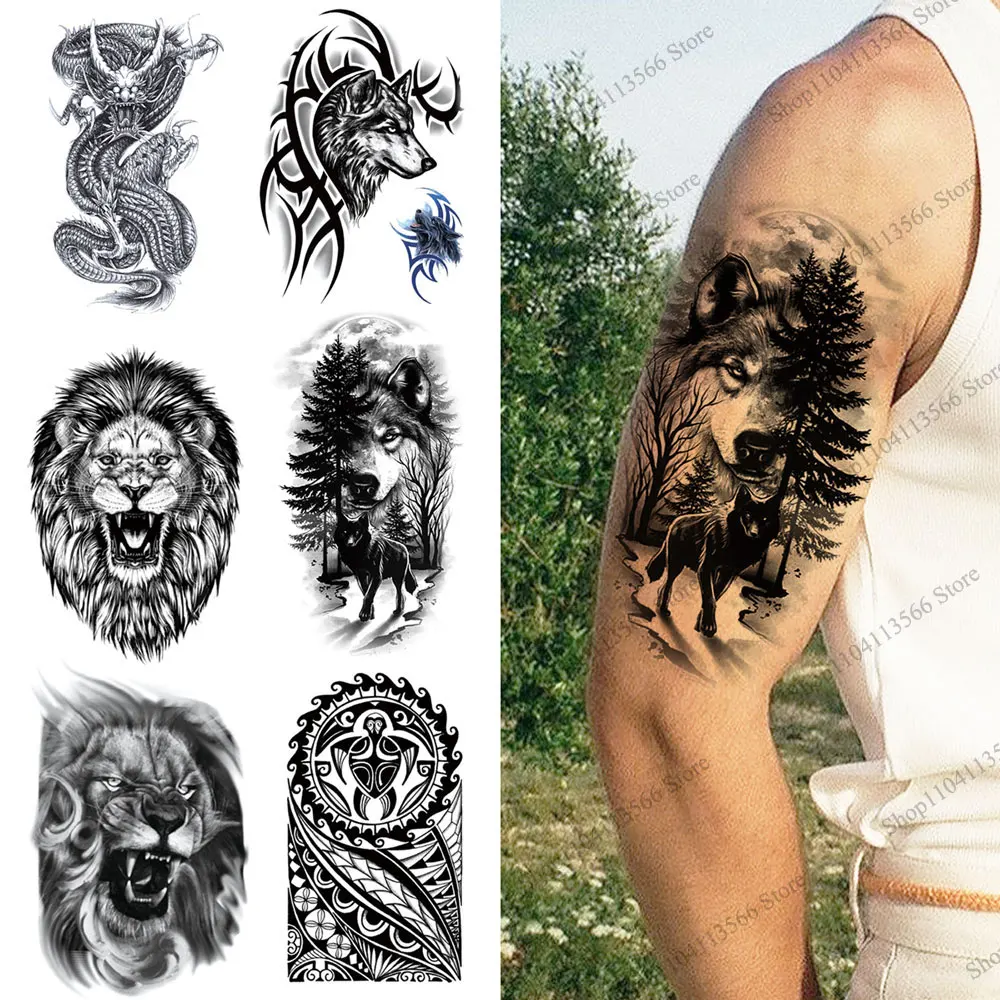 

Black Forest Animal Pattern Temporary Tattoo for Men Lion Tiger Wolf FakeTattoo for Women Realistic Tattoo Stickers Body Art