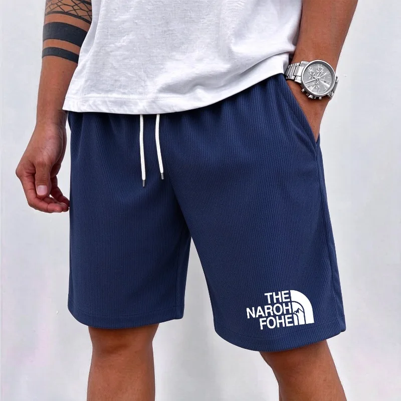 Men Women Summer Loose Ribbed Knee Length Shorts Simple Mountain Logo Print Elastic Drawstring Breathable  Casual Short Pants