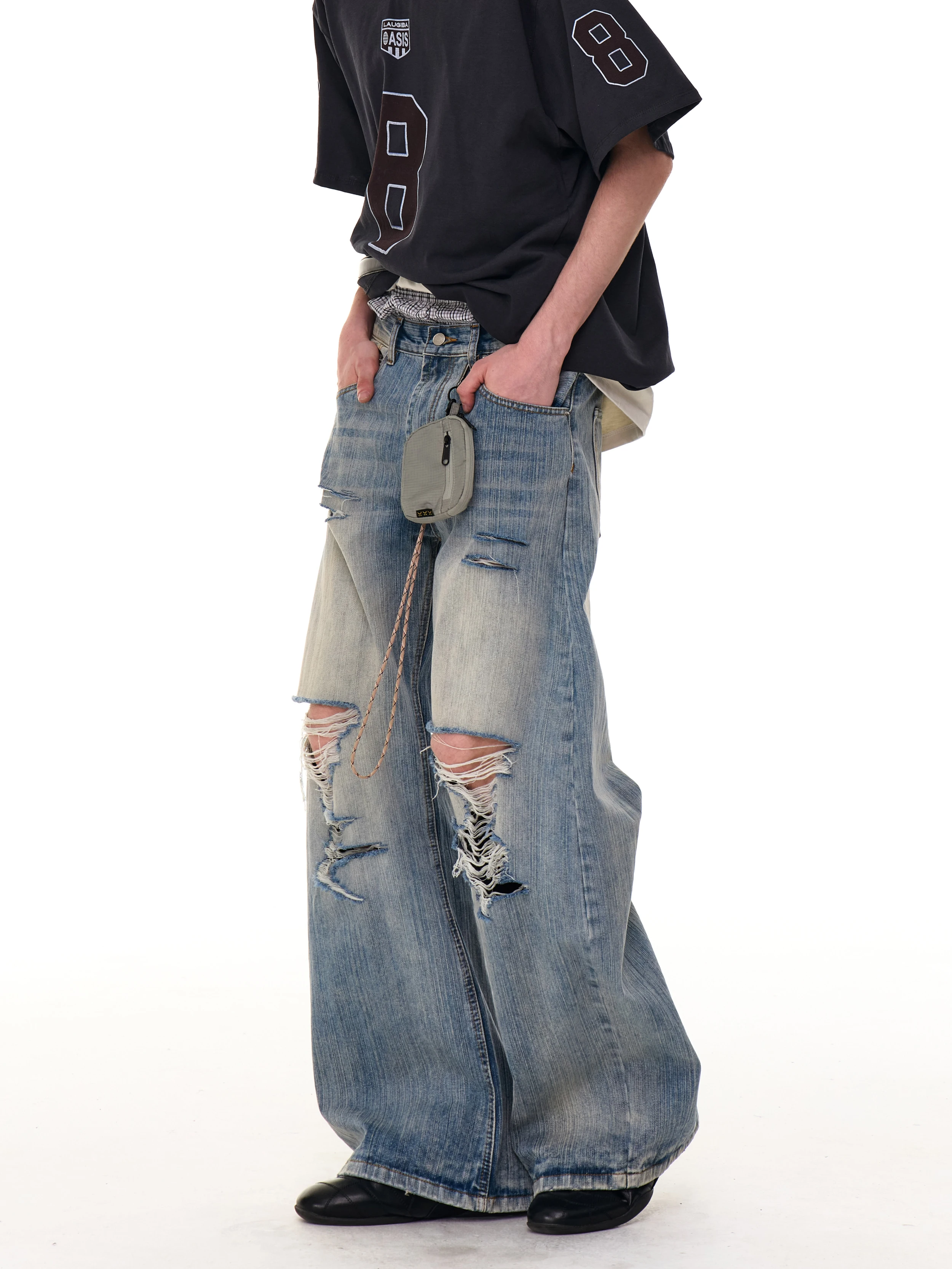 

MRNEARLY American Retro Washed Men's Jeans Loose Straight Leg Long Trousers with Hole Wear Resistant Summer Casual Jeans