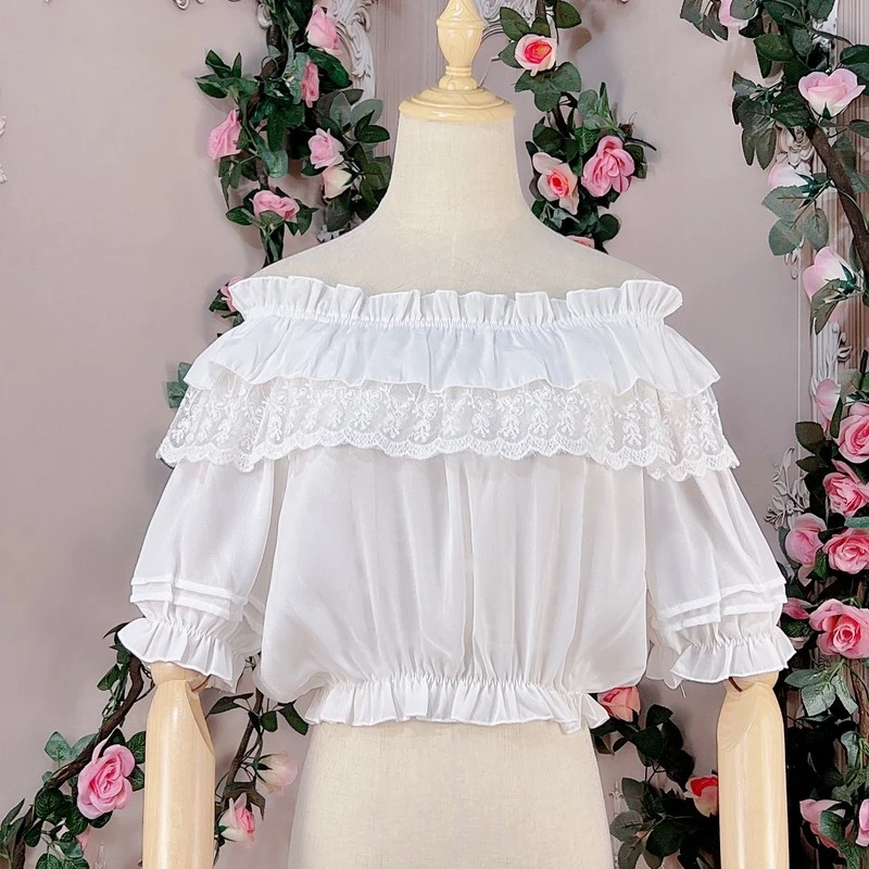 Sweet Lolita Blouses Women Cute Lace Ruffles Undershirt Short Sleeve Off Shoulder Girls Shirt Chiffon Crop Top Chic Loli Clothes