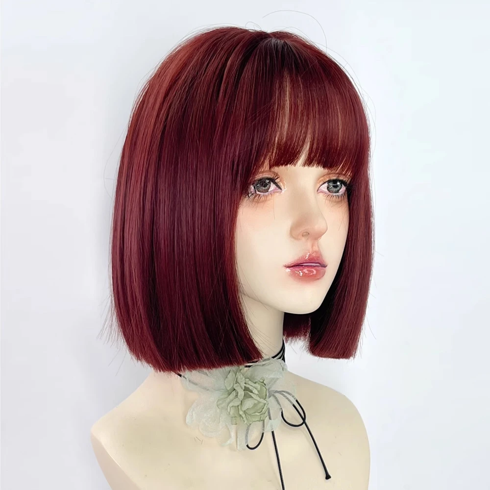 Synthetic Red Short Straight Women Bob Wigs with Bangs Lolita Cosplay Nature Fluffy Hair Wig for Daily Party