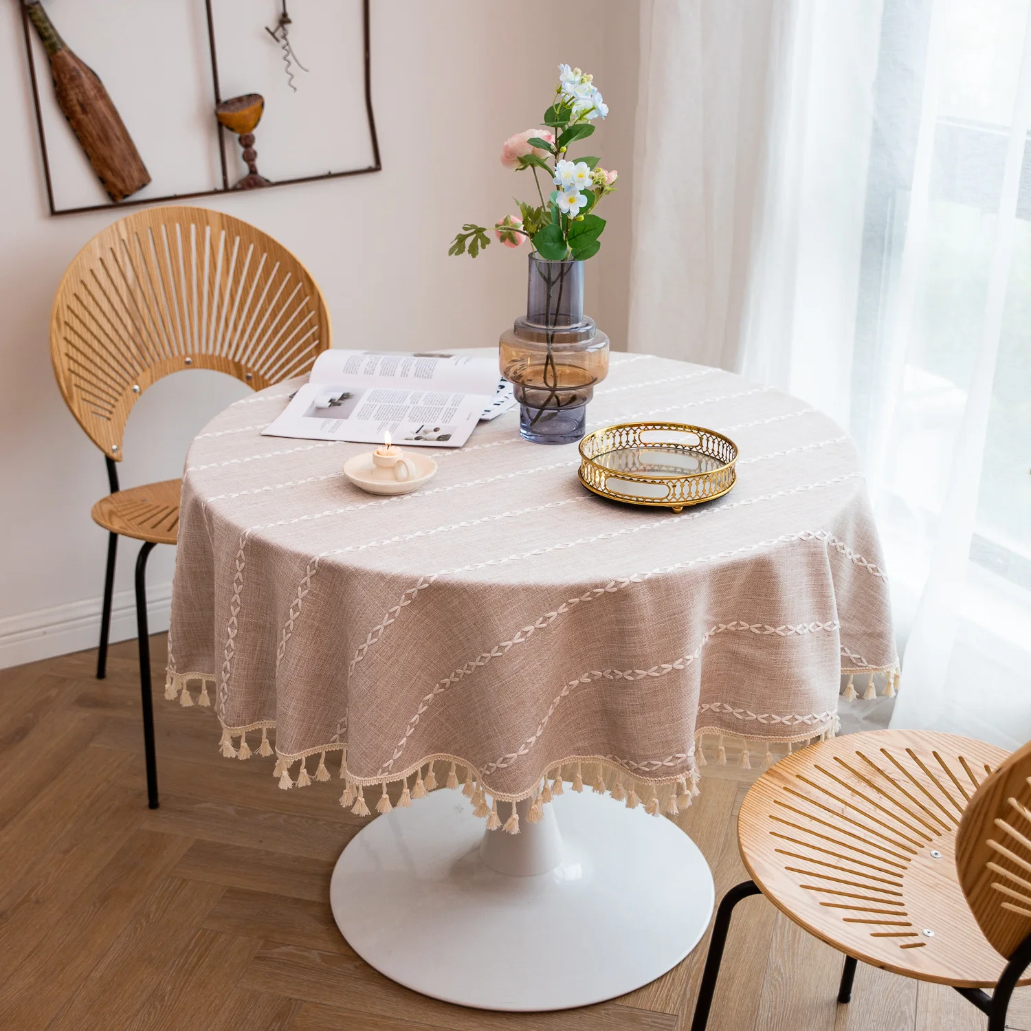 

Round Tablecloth Cotton Linen Table Cover Striped Tablecloth with Tassels Boho Round Table Cloths for Kitchen Dinning