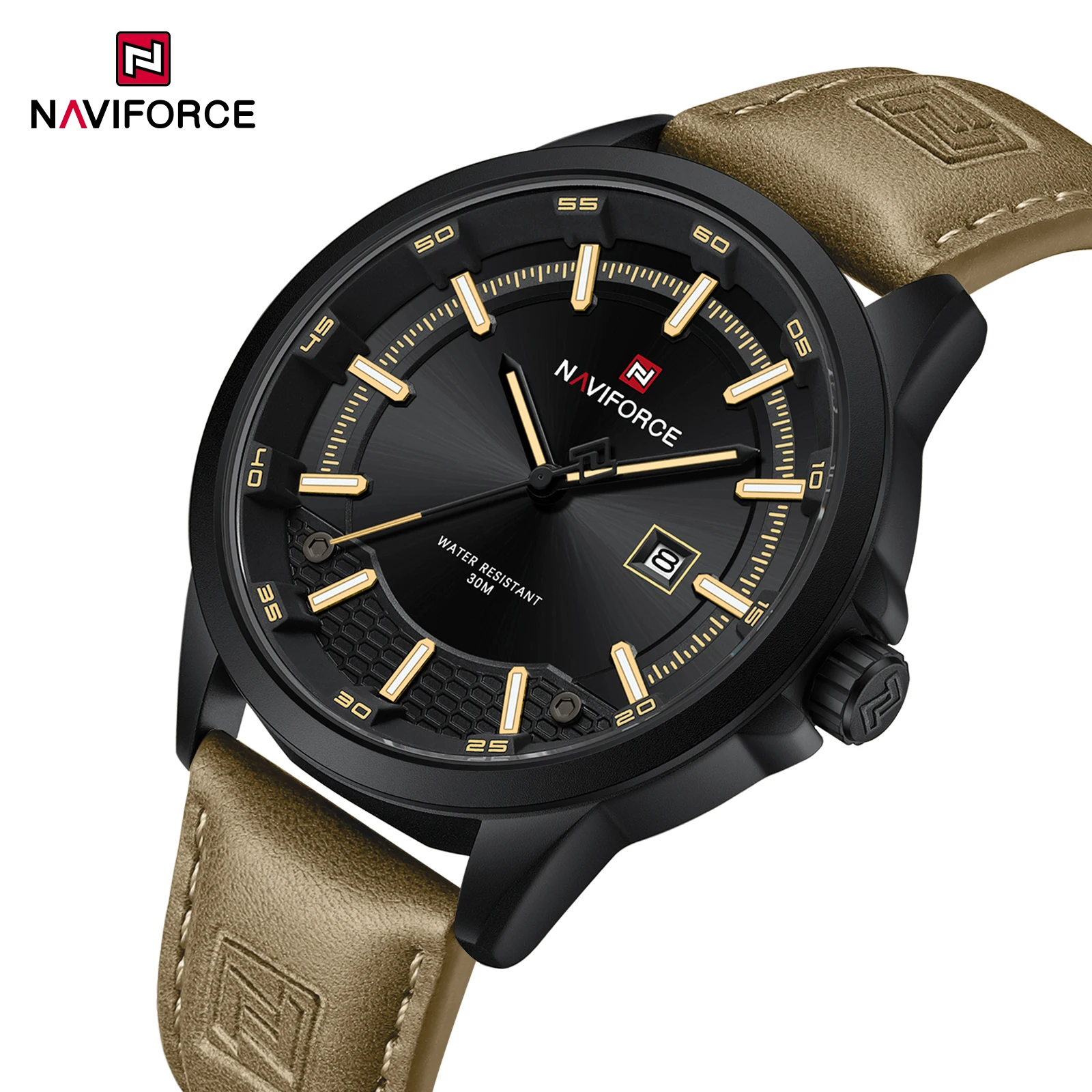 NAVIFORCE Men Quartz Calendar 3ATM Waterproof Luminous PU Strap Mineral Glass Luxury Casual Business Male Daily Wear Wristwatch