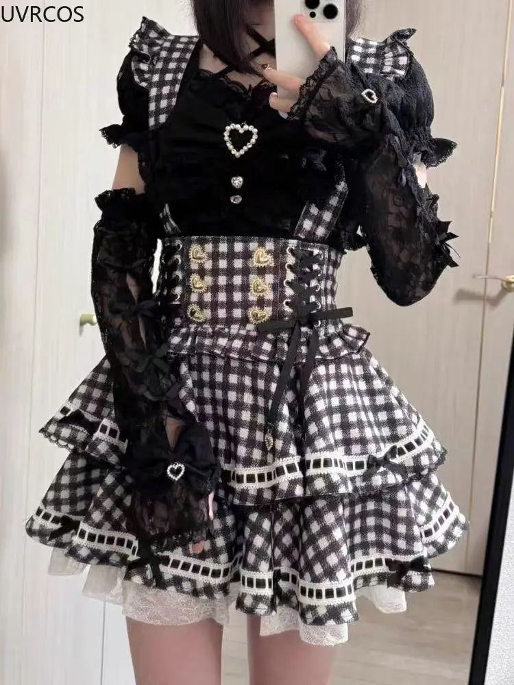 Japanese Gothic Lolita Style Rhinestone Bow Dress Shorts Set Women Elegant Sweet Slim Plaid Strap Dress Kawaii Cute Y2k Outfits