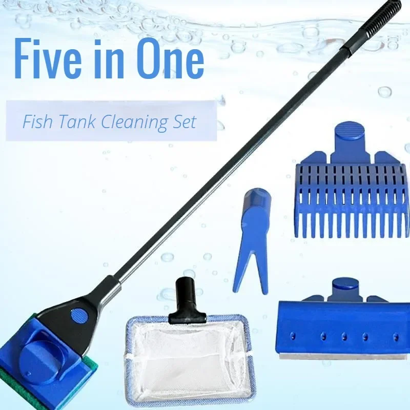 5-in-1 Aquarium Tool Fish Tank Glass Cleaning Brush Fishing Aquatic Grass Clip Algae Scraping Knife Long Handle Cleaning Tools