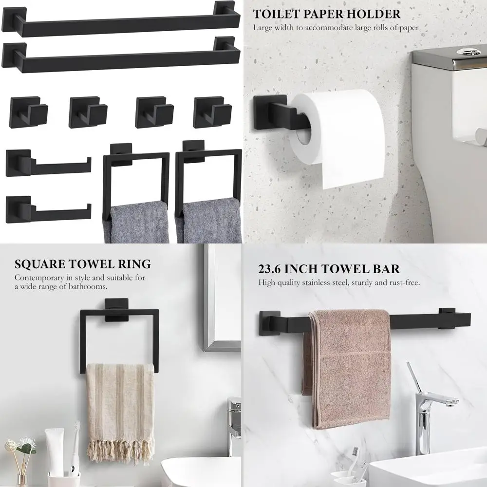 

Matte Black Bathroom Hardware Set - 24 Inch Towel Bar, Towel Ring, TP Holder, and Coat Hooks for Modern Bathroom Decor