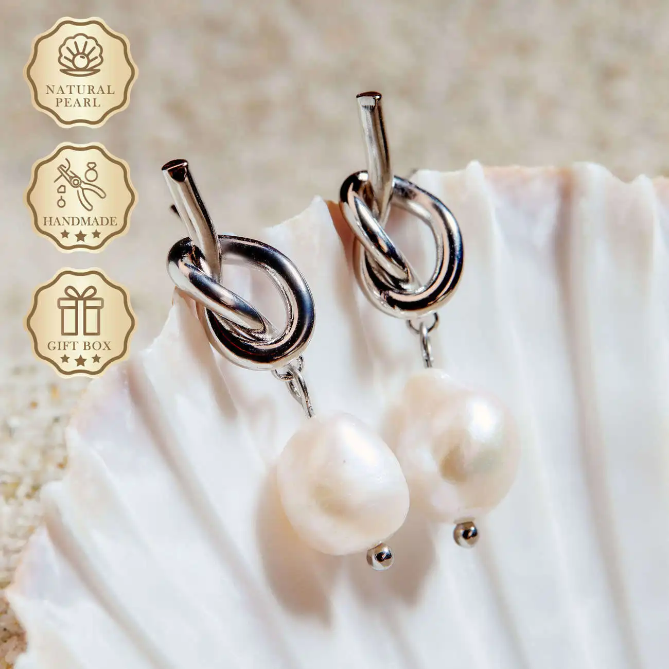 

MYSOYA White Baroque Freshwater Pearl Earrings 8–9mm with Silver Knot Design, Gift Box, Birthday & Anniversary Gift