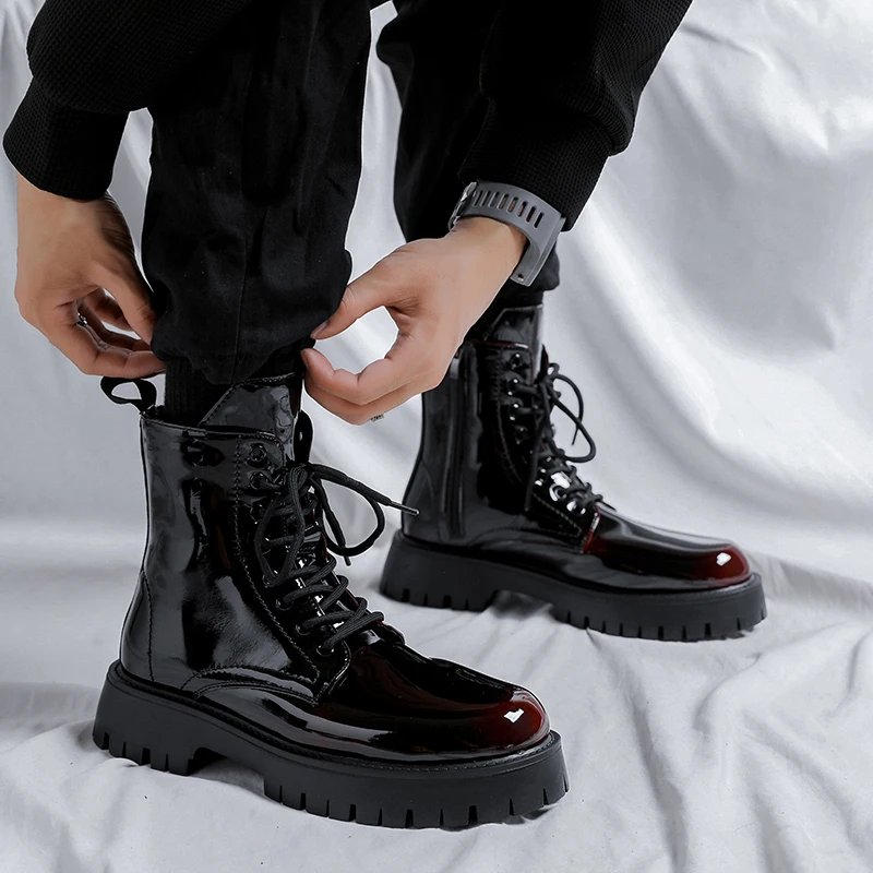 mens fashion stage nightclub dress patent leather boots red green platform shoes cowboy ankle boot spring autumn botas masculina