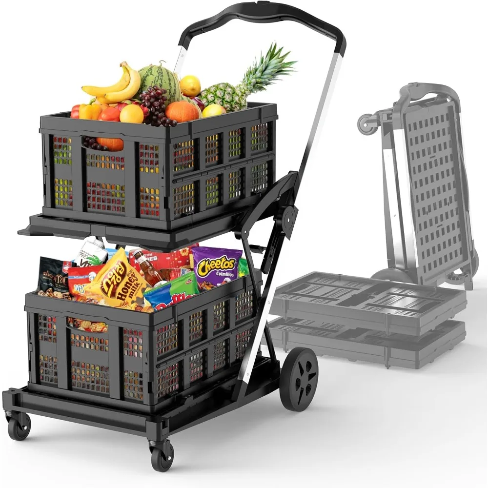 Carts,2-Tier Folding Shopping Cart with 2 Folding Basket, Grocery Shopping Cart with Brake Wheels,Mobile Folding Trolley