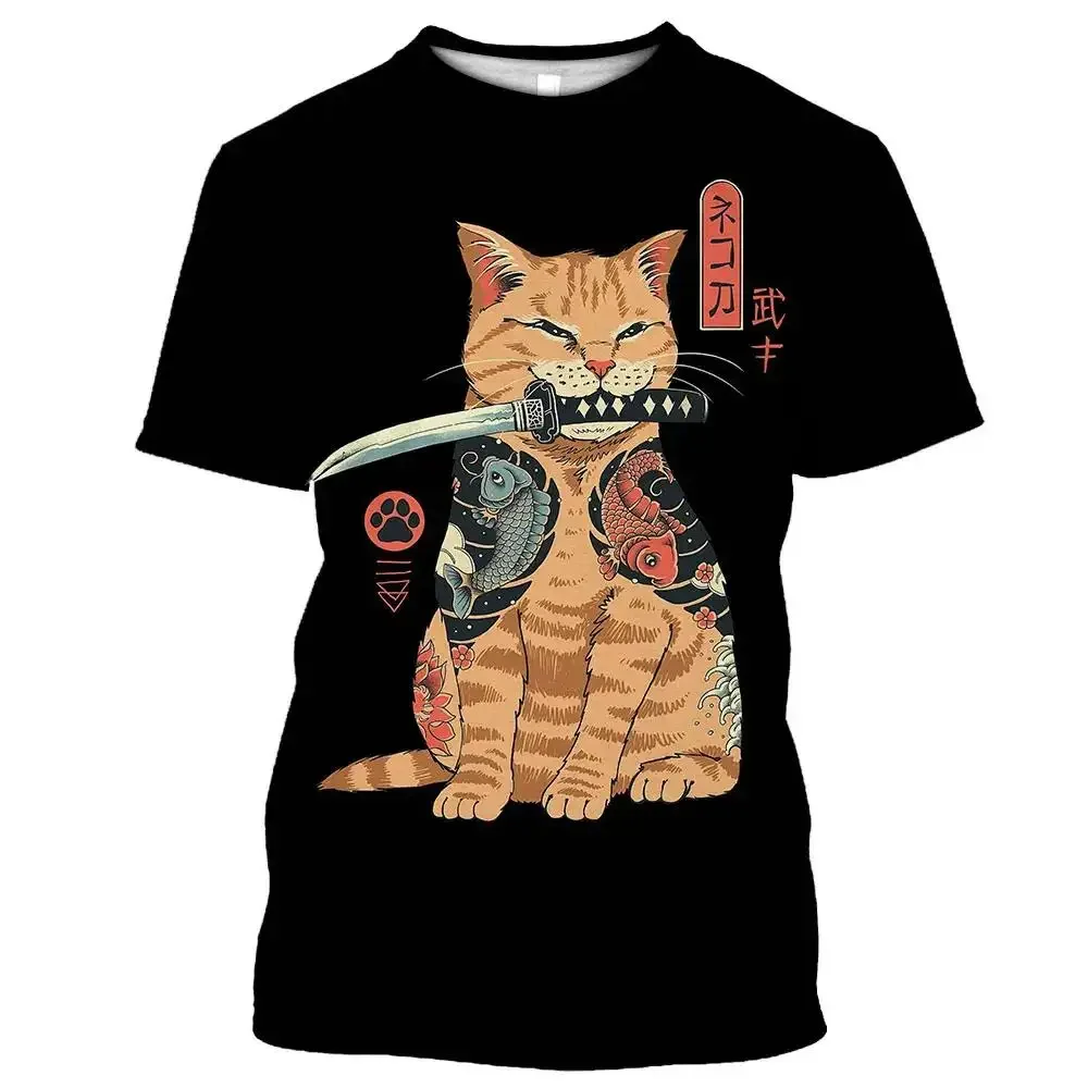 Men's Fashion Samurai Cat Print T-Shirt Trendy Digital round Neck Short Sleeve Casual Top for Teens And Adults